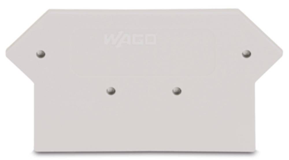 Eine weiße rechteckige Netzwerk-Modulabdeckung mit 'WAGO' Branding, die zwei kleine eingelassene Löcher in der Mitte für Konnektivität aufweist.