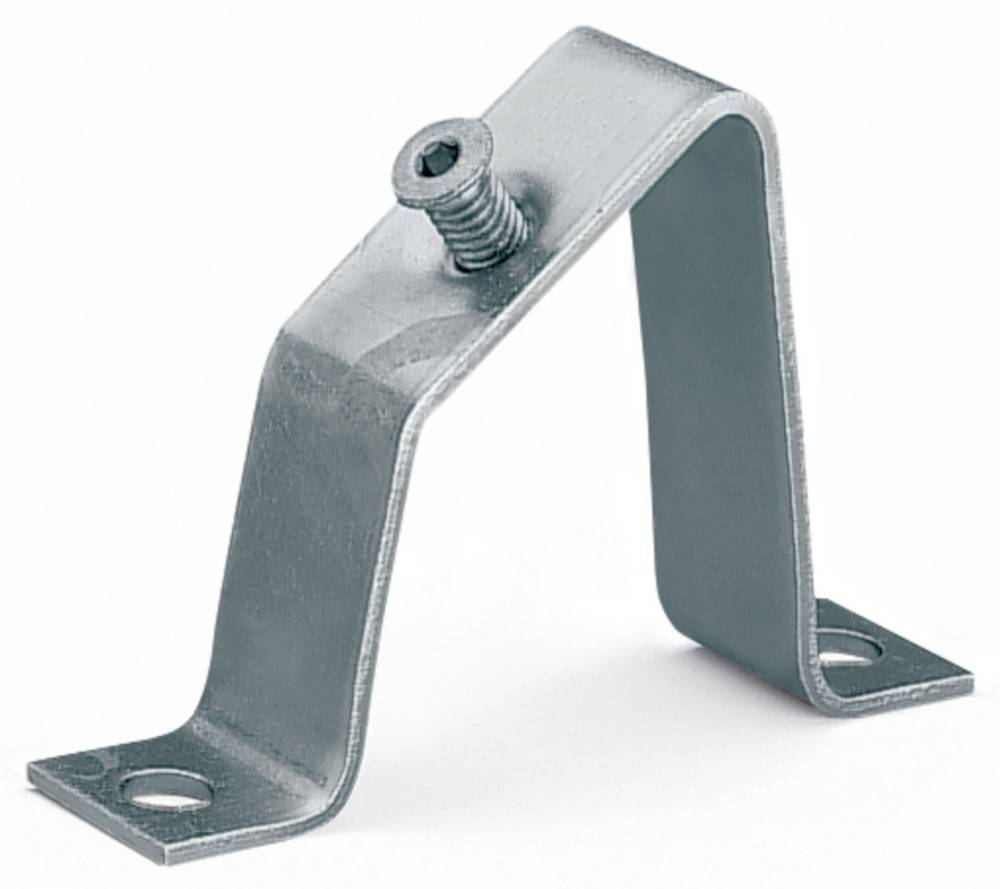 Eine Metallhalterung mit einer Schraube oben, die ein abgewinkeltes, L-förmiges Design aufweist und zum Befestigen oder Montieren von Gegenständen verwendet wird.