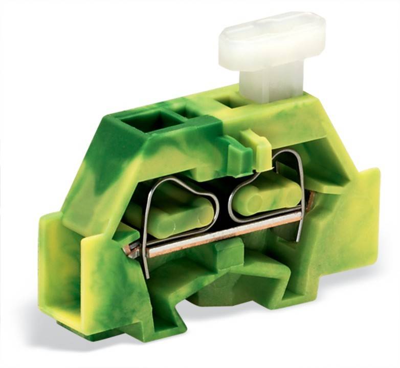 Ein grüner und gelber elektrischer Anschlussblock mit internen Metallverbindern und einem weißen Kunststoff-Entriegelungsknopf oben.