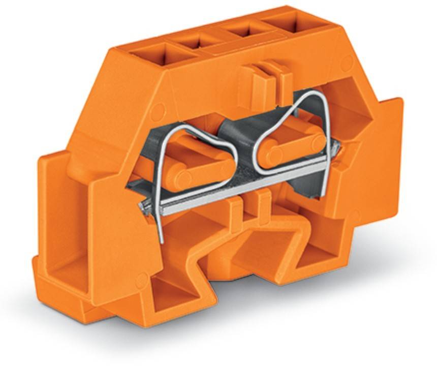 Orangefarbenes Plastikobjekt mit Metallklammern und Schlitzen, höchstwahrscheinlich ein Anschlussblock, verwendet zum Verbinden und Sichern von elektrischen Kabeln.