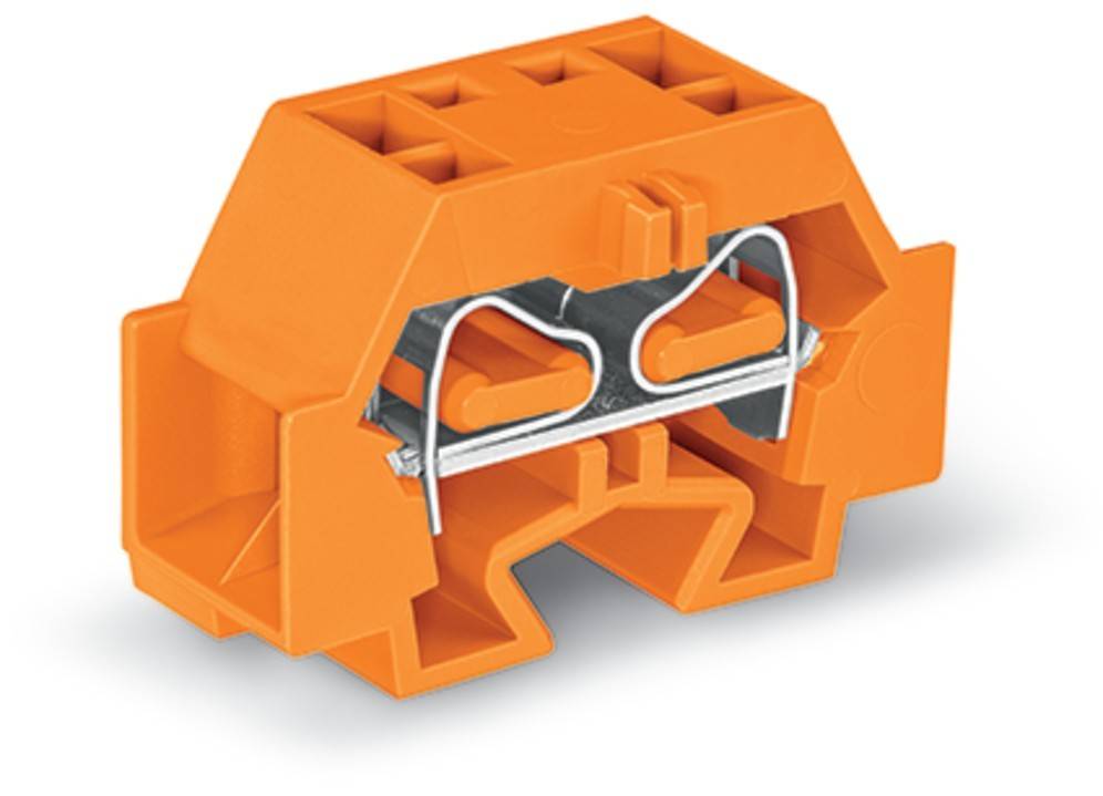Ein orangefarbener Kunststoff-Elektroverbinder mit Metallkomponenten, der zum Sichern von Drähten in elektronischen Anwendungen verwendet wird.