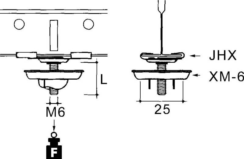 Diagramm, das eine Seitenansicht einer M6-Schraubenassemblage mit Abmessungen zeigt: Länge beschriftet mit 'L', Breite beschriftet mit '25'. Darunter beschriftet mit 'F'.