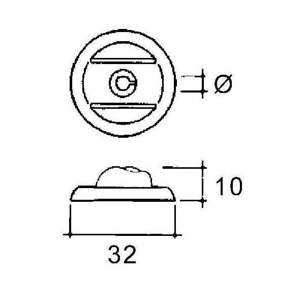 Diagramm einer kreisförmigen Komponente mit einem Durchmesser, gekennzeichnet als 'ø', von oben und von der Seite betrachtet. Die Seitenansicht zeigt eine Höhe von '10' und eine Breite von '32'.
