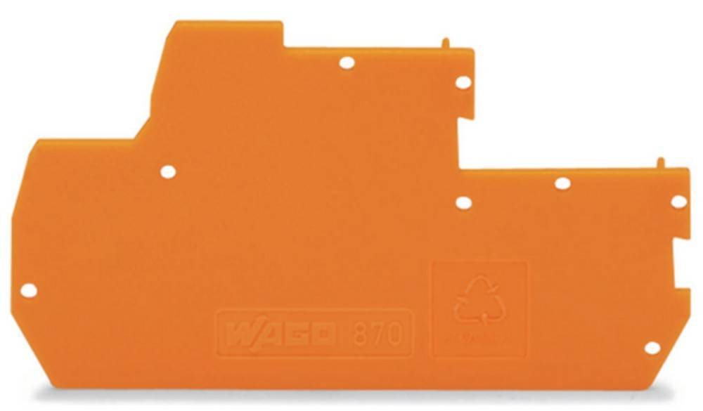 Orange Plastikkomponente mit dem Text WAGO 870, versehen mit einem Recycling-Symbol. Die Form ist rechteckig mit Aussparungen und Einschnitten.