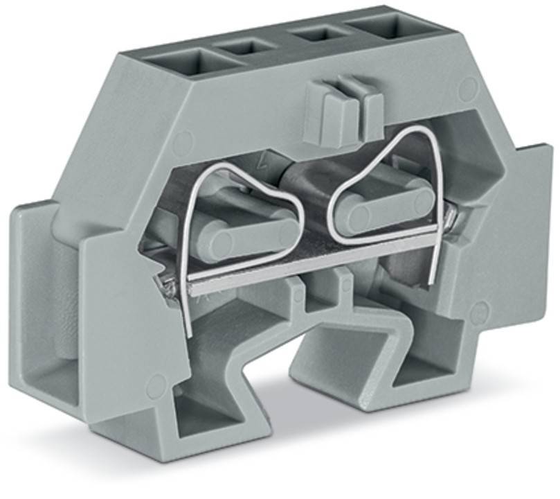 Ein grauer elektrischer Anschlussblock mit Doppelverbindungen und sichtbaren Metallkomponenten zum Befestigen von Drähten.