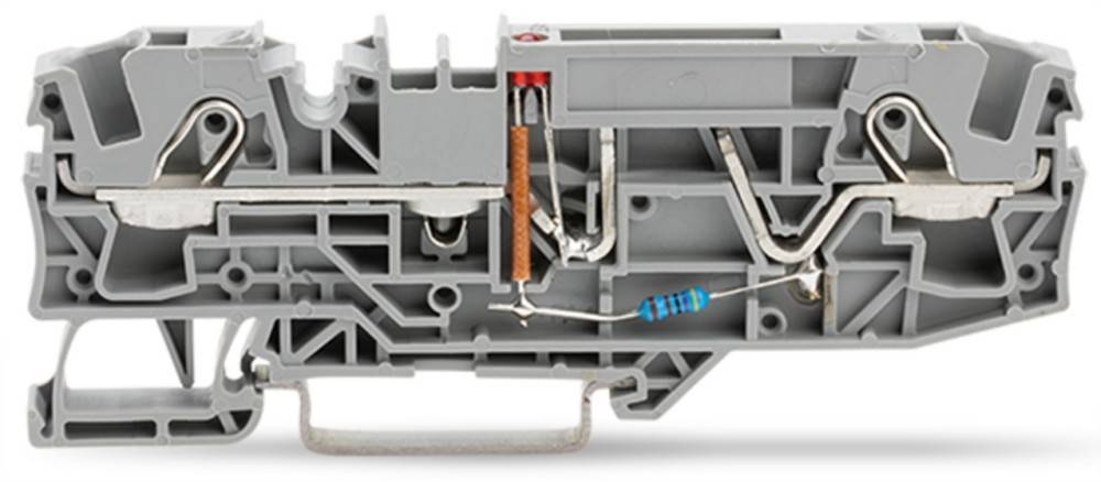 Nahaufnahme eines grauen elektrischen Klemmenblockes mit sichtbaren Innenkomponenten, einschließlich eines Widerstands und Kupferverkabelung.