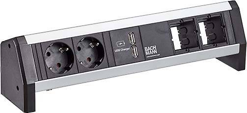 Schwarze Desktop-Steckdosenleiste mit zwei EU-Steckdosen, zwei USB-Anschlüssen und zwei eingebauten kabellosen Ladepads mit der Bezeichnung „BACHMANN
