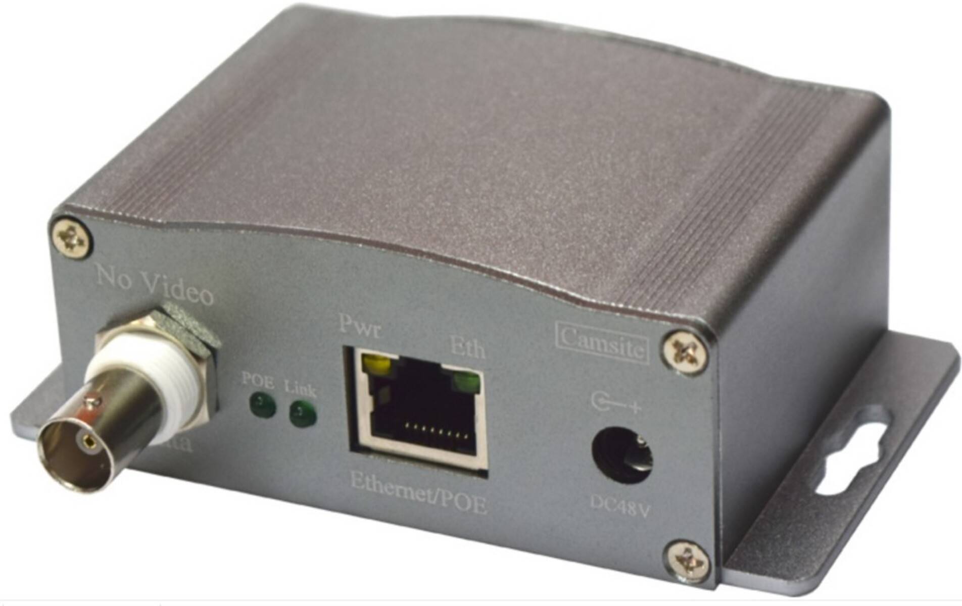 Metallgehäuse-Kameranetzteil mit BNC-Videoeingang, Ethernet/PoE-Anschluss, Status-LEDs und 9V-Gleichstromstecker.