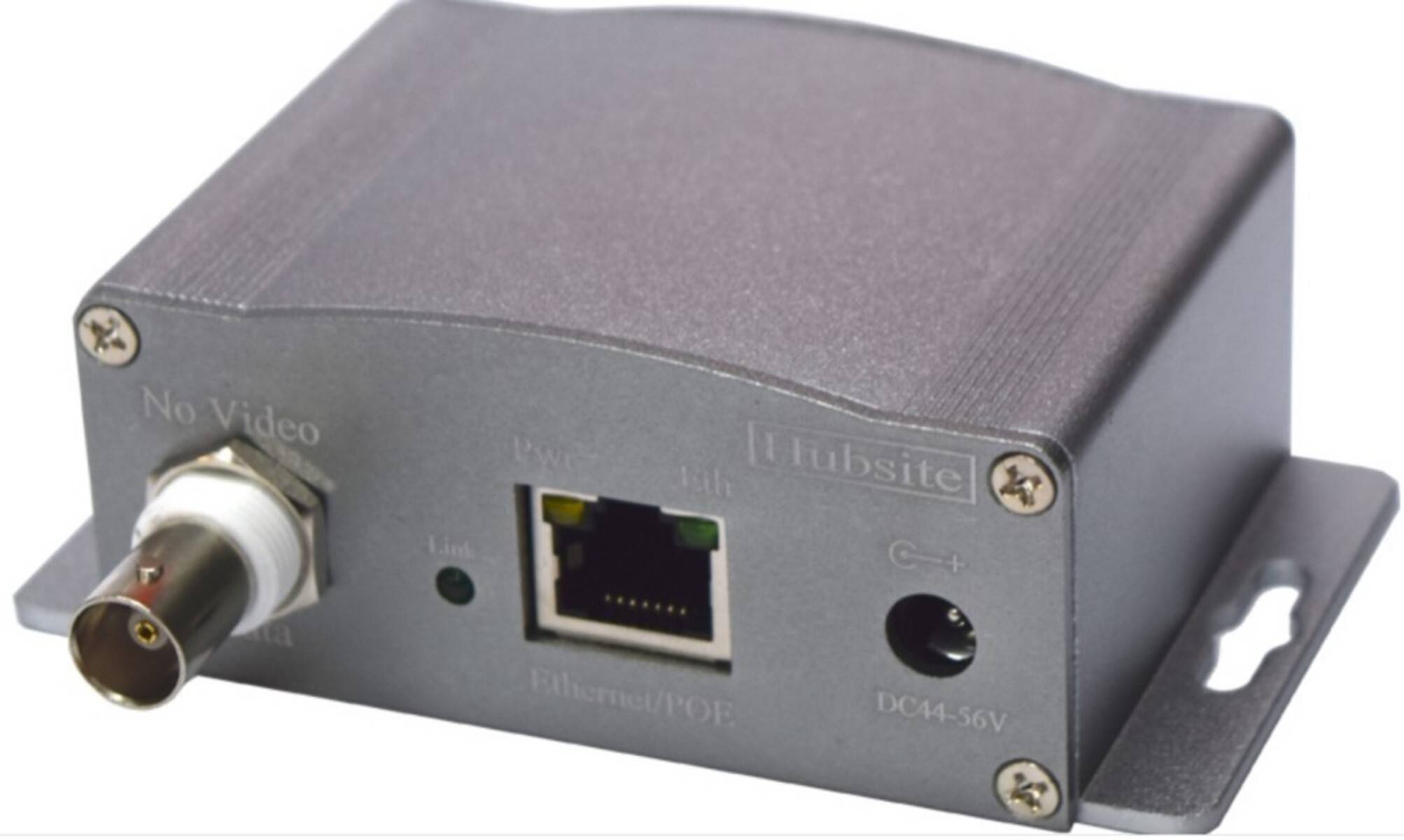 Graue elektronische Schnittstellenbox mit BNC-Videoeingangman, Ethernet-Anschluss und Stromstecker auf einer Halterung.