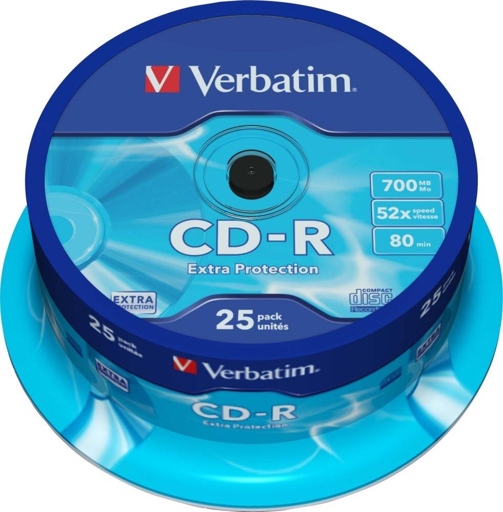 Ein Stapel von 25 Verbatim CD-R-Scheiben, beschriftet mit '700 MB' und '80 min', auf einer blauen Disc-Basis, zur Datenspeicherung und -sicherung.