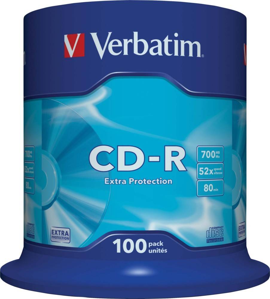 Verbatim CD-R, 100er-Pack, Extra Schutz, 700 MB Kapazität, 52-fache Geschwindigkeit, geeignet für Datenspeicherung und -aufnahme.