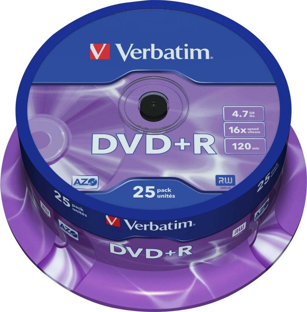 Stapel von 25 Verbatim DVD+R Discs, 4,7 GB Kapazität, 16-fache Geschwindigkeit, 120 Minuten Aufnahmezeit, in einer lila Spindel-Verpackung.