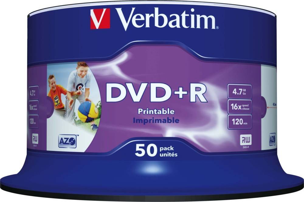 Packung mit Verbatim DVD+R Discs, 50er-Pack, mit 'Bedruckbar'-Etikett. Kapazität: 4,7 GB, Geschwindigkeit: 16X, Dauer: 120 min, RW-fähig.