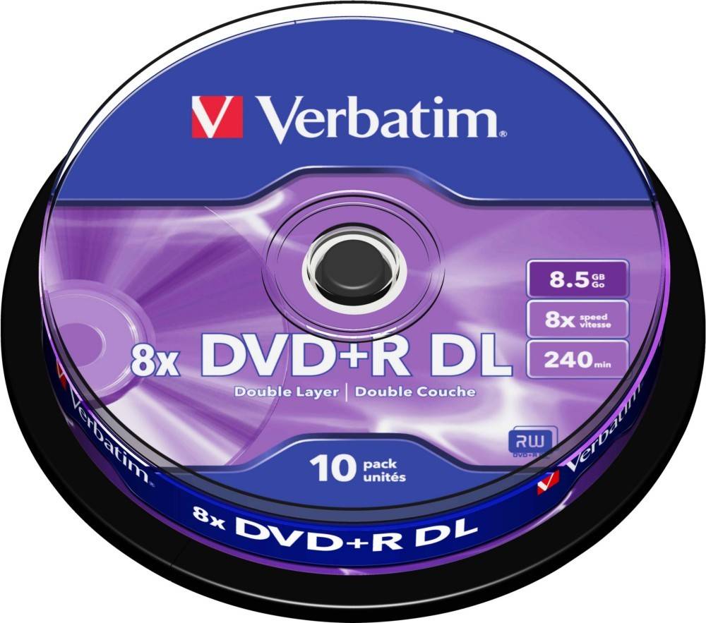 Verbatim-Marken-DVD+R DL-Disc, gekennzeichnet für Dual-Layer-Aufnahme, 8-fache Geschwindigkeit, 8,5 GB Kapazität, 240 Minuten Dauer, in einer 10er-Packung.