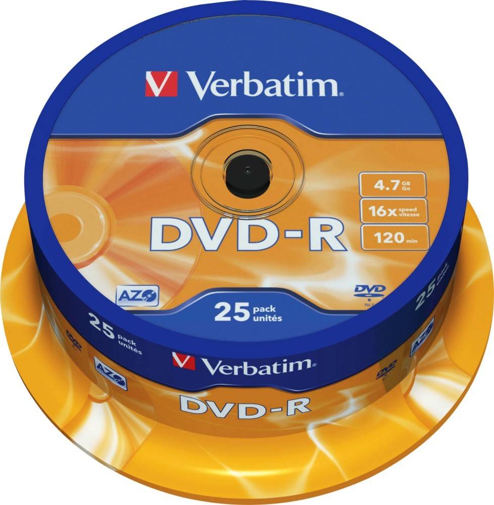 Verbatim DVD-R 25er-Spindel, 4,7 GB Kapazität, 16-fache Geschwindigkeit und 120 Minuten Speicherplatz pro Disc, geeignet für Video- oder Datenspeicherung.