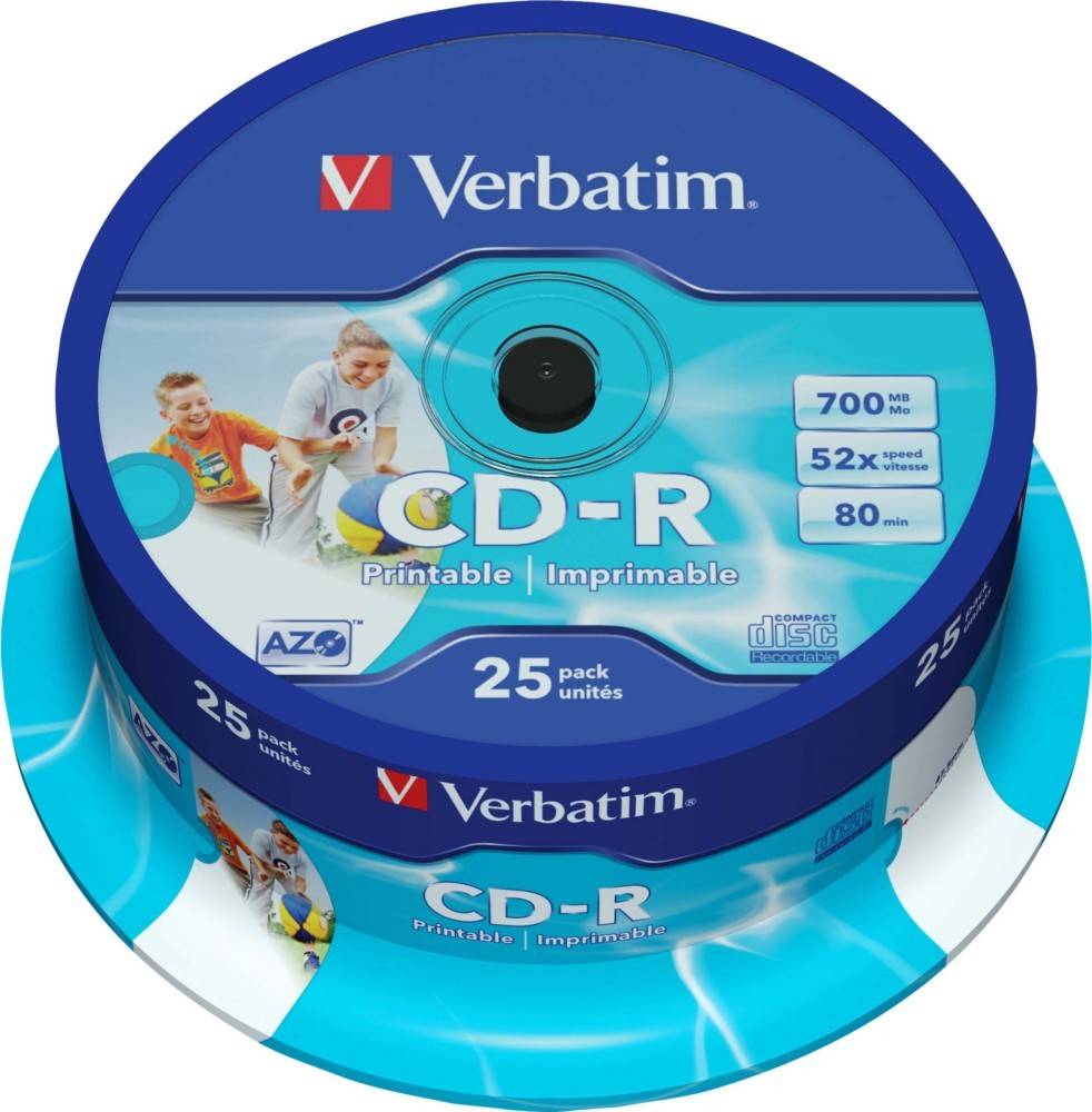 Verbatim CD-R 25er-Spindel, 700 MB, 52-fache Geschwindigkeit, 80 Minuten. Bedruckbare Disc-Exemplare in blauer Verpackung mit spielenden Kindern auf dem Etikett.