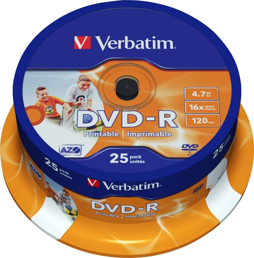 Verbatim DVD-R, 25er Pack, 4,7 GB Kapazität, 16-fache Geschwindigkeit, 120 Min. Video, bedruckbare Oberfläche.