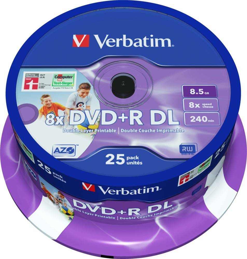 Verbatim 8x DVD+R DL 25er Pack' auf Etikett, 8,5 GB Kapazität, 240 Min., doppelschichtige bedruckbare Discs, lila Verpackung.
