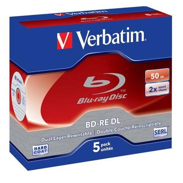 Verbatim' Marken-50 GB BD-RE DL Disc-Packung. Merkmale: Dual Layer, wiederbeschreibbar, Hartbeschichtung und 2-fache Geschwindigkeit. Enthält 5 Discs.