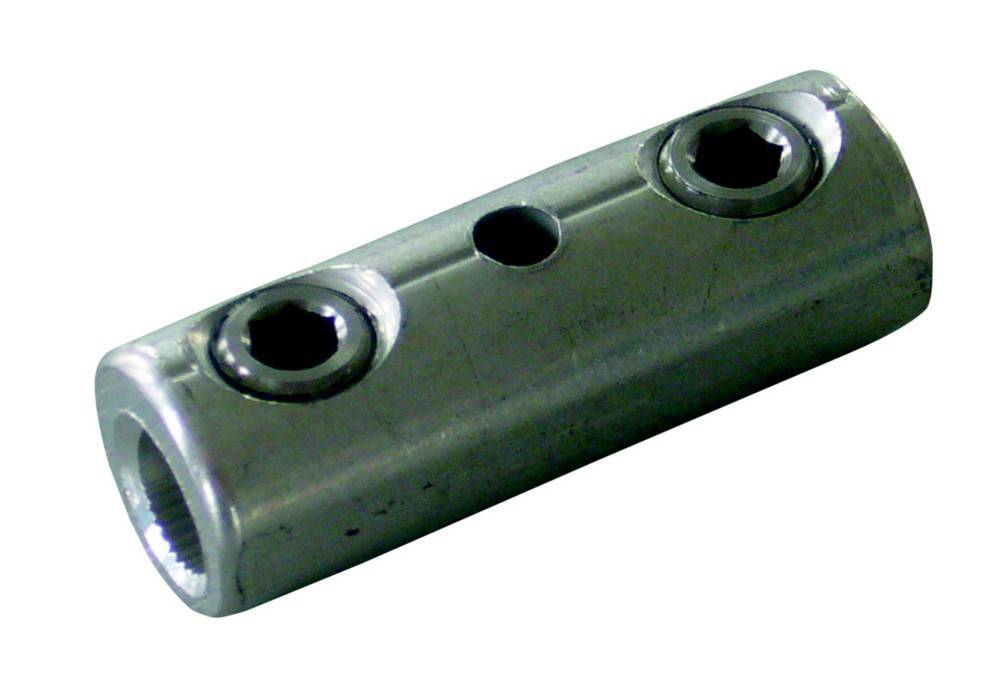 Ein Metallrohrverbinder mit Bolzenlöchern, der zum Verbinden von Rohren oder Stangen in Bau- oder Montageprojekten verwendet wird.