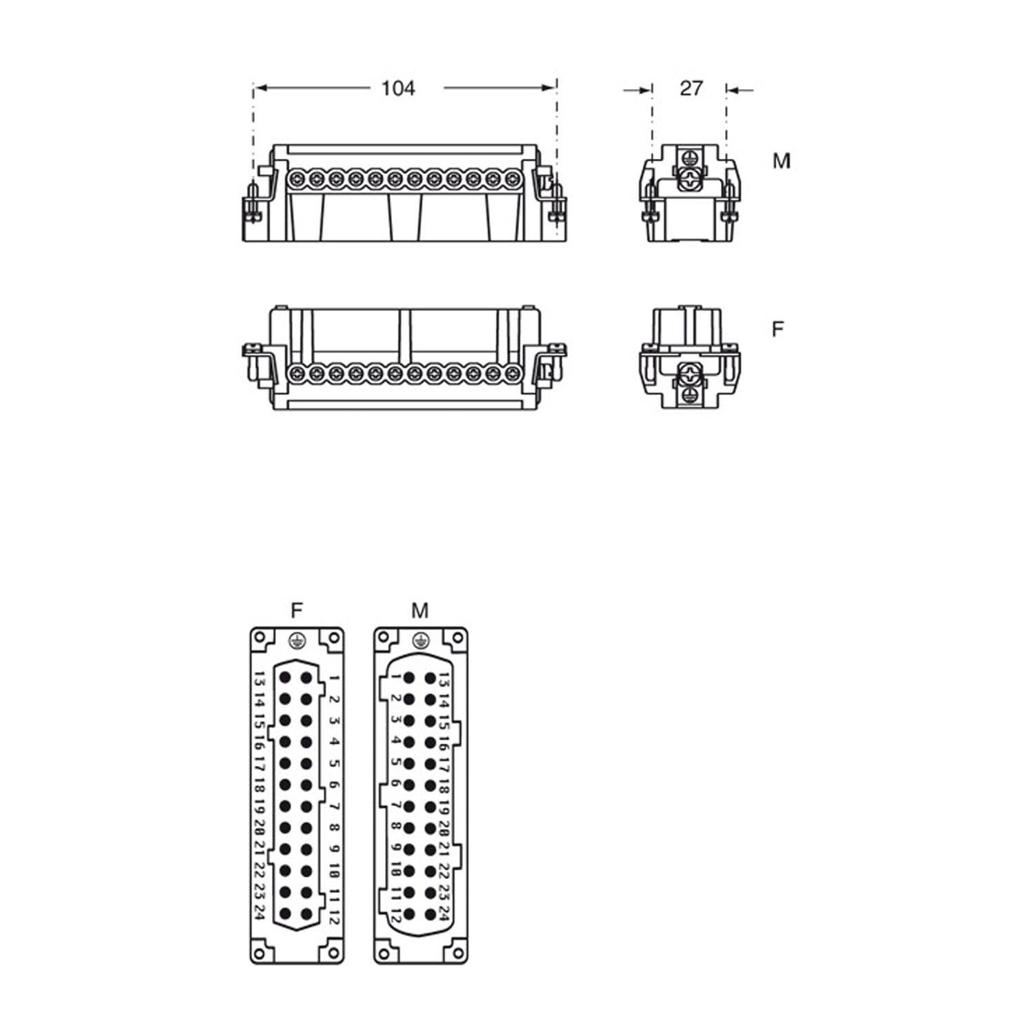 Buchseneinsatz, Größe 104.27, 24P+PE, Silber, Schrauba., 16A, 500V, 180°C - 5 Stück