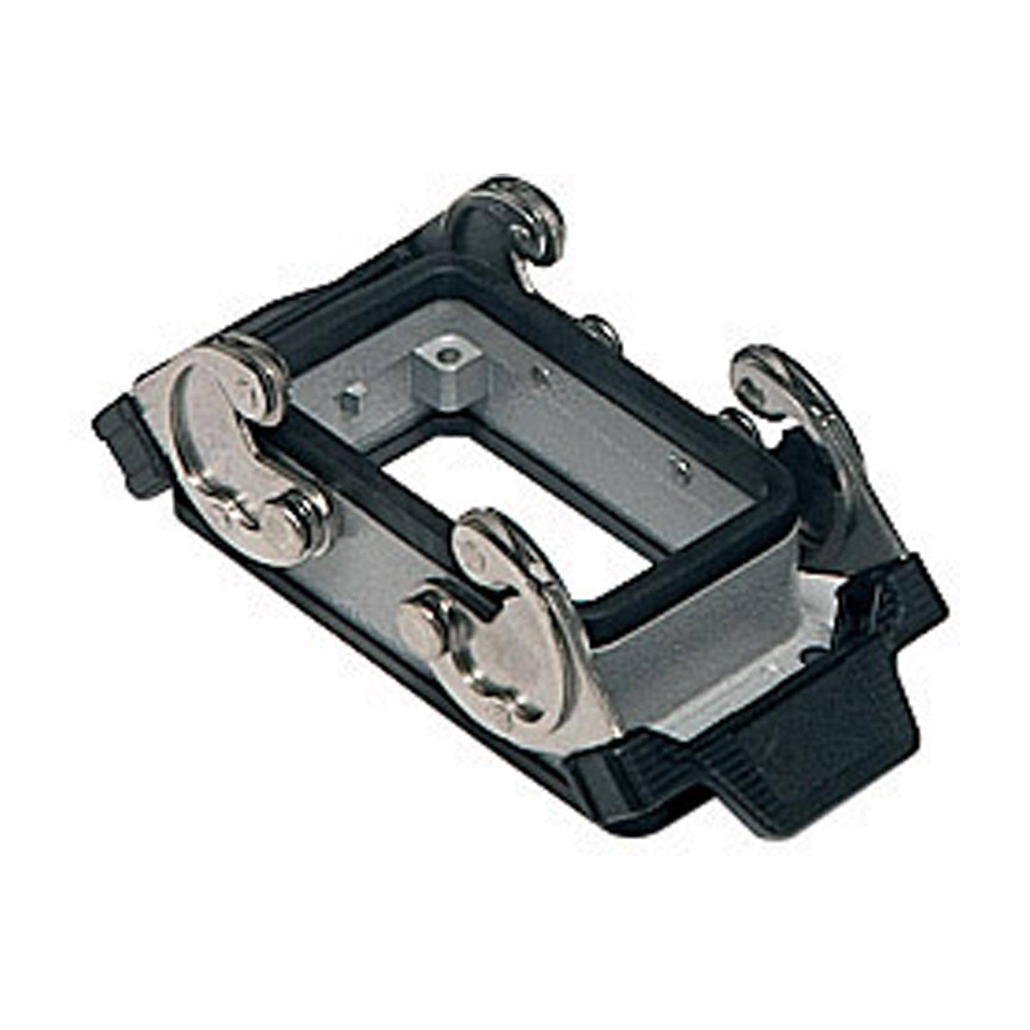 Ein Metallhalter mit Montagehaken, der zum Befestigen von Gegenständen konzipiert ist. Der rechteckige Rahmen verfügt über mehrere Befestigungspunkte für Stabilität.