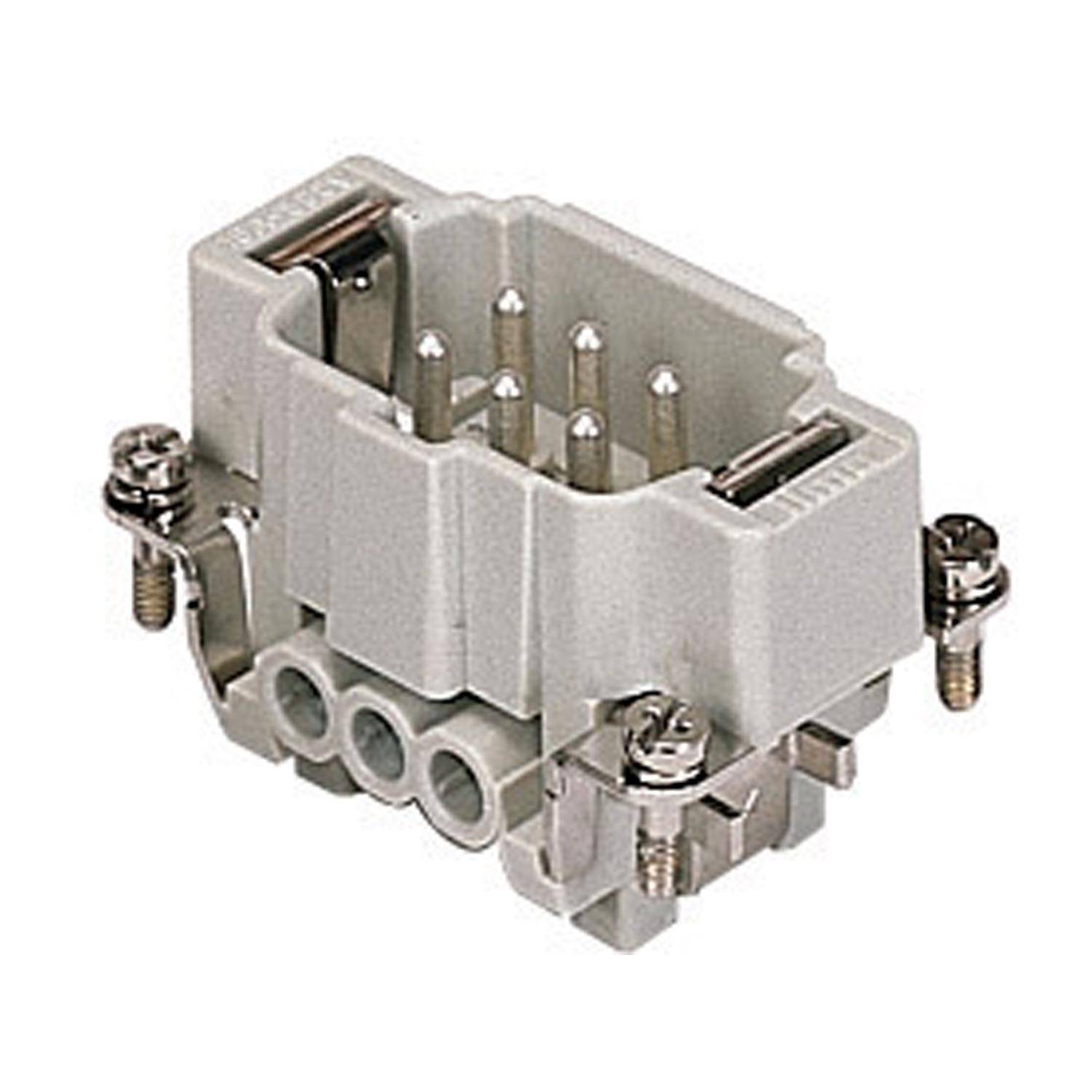 Ein rechteckiger grauer Elektrostecker mit Metallstiften und Schrauben zur Befestigung von Drähten, wird für elektrische Verbindungen in Maschinen verwendet.