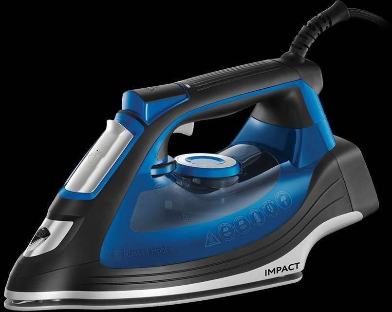 Blauer und schwarzer elektrischer Dampfbügeleisen auf schwarzem Hintergrund, der sein ergonomisches Design und die verschiedenen Einstellungsregler präsentiert.