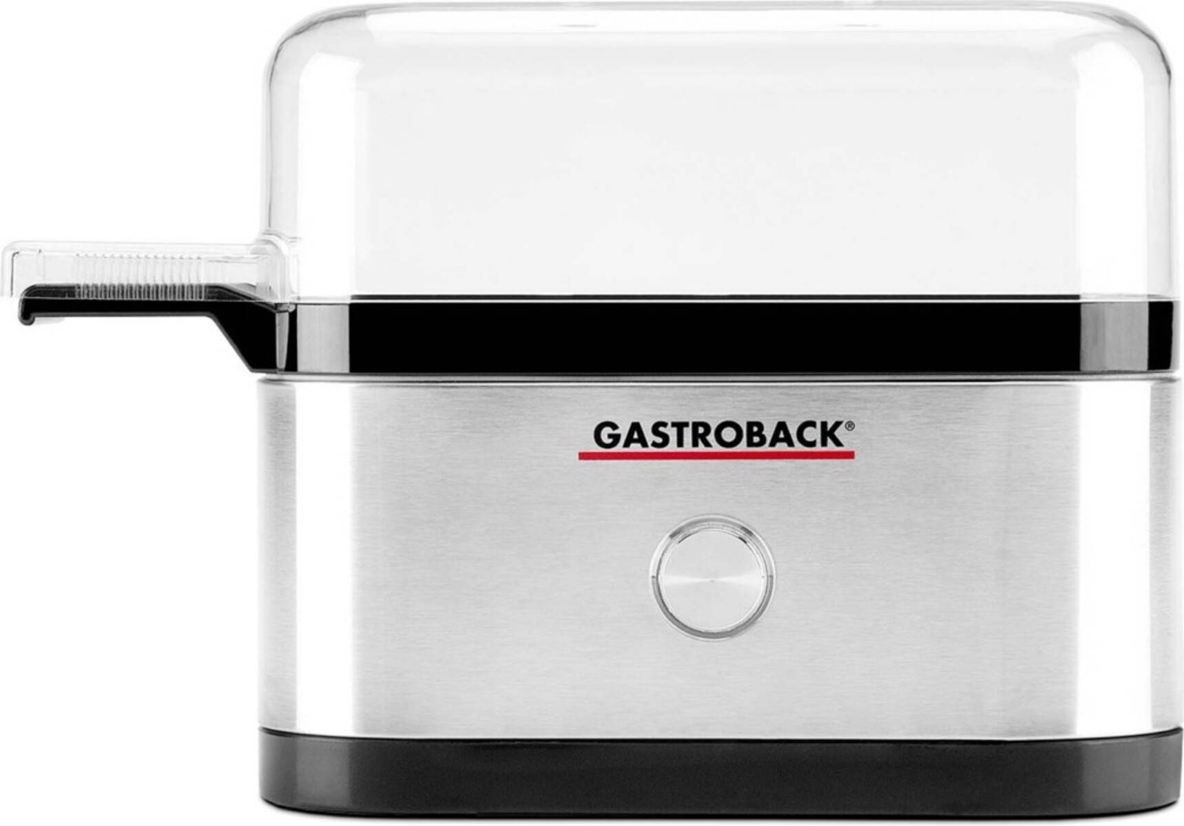 Edelstahl-Gastroback-Gerät mit transparentem Deckel, Frontknopf und seitlicher Ausgießer, gezeigt auf weißem Hintergrund.