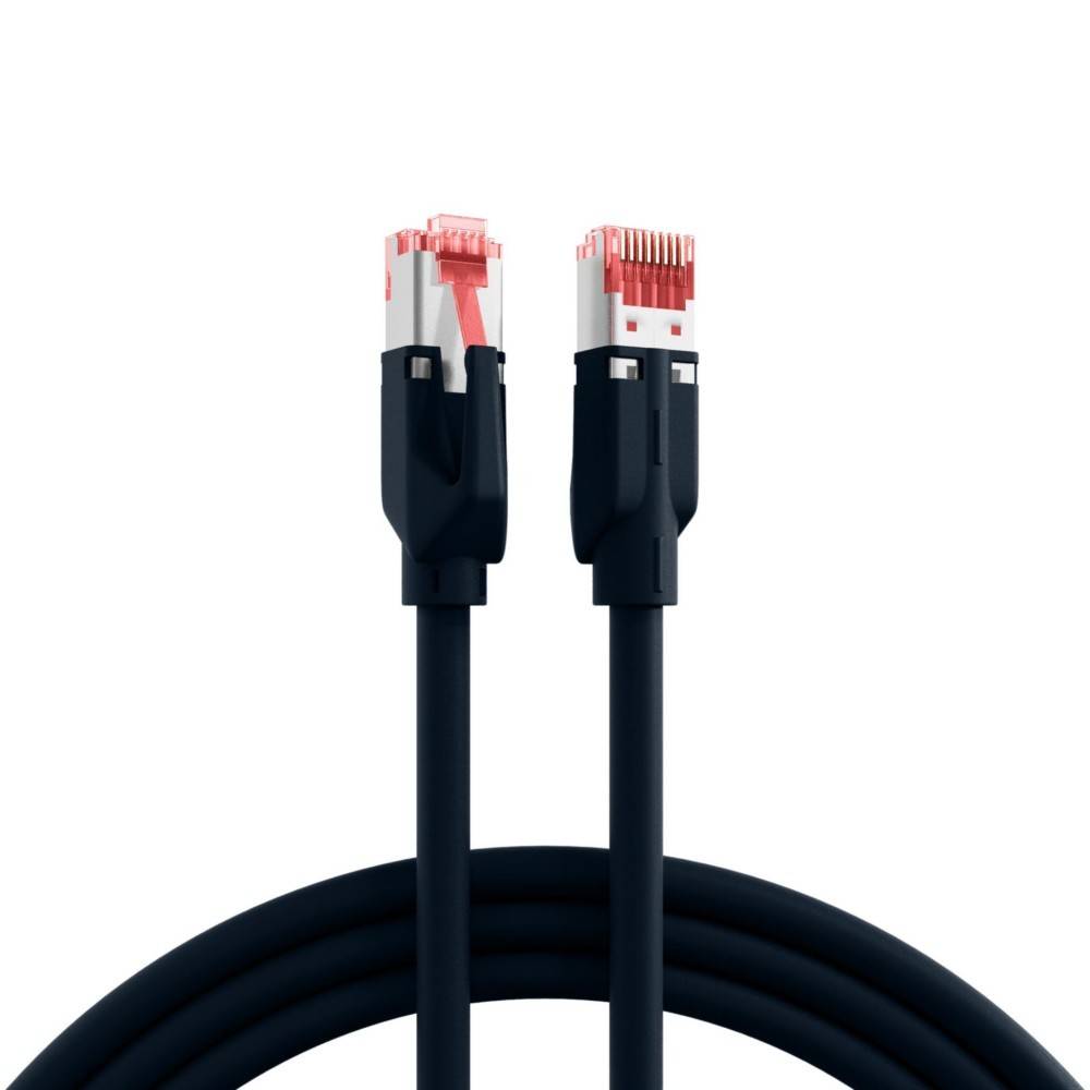 Zwei schwarze Ethernet-Kabel mit roten Steckverbindern, unten aufgerollt. Werden für Netzwerk- und Internetverbindungen verwendet.