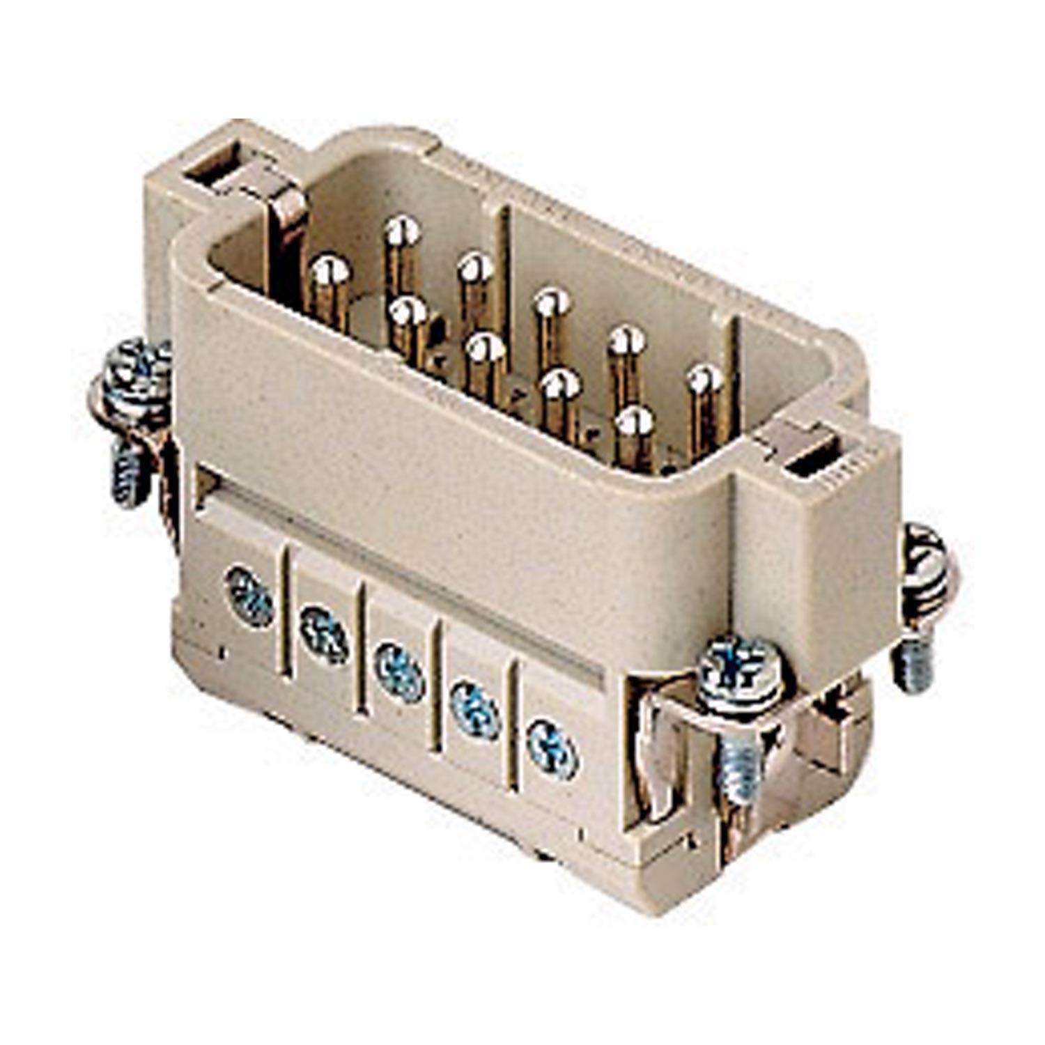 Rechteckiger beige Elektroverbinder mit mehreren Metallstiften und Schrauben, der für sichere Verdrahtungsverbindungen in elektronischen Geräten verwendet wird.