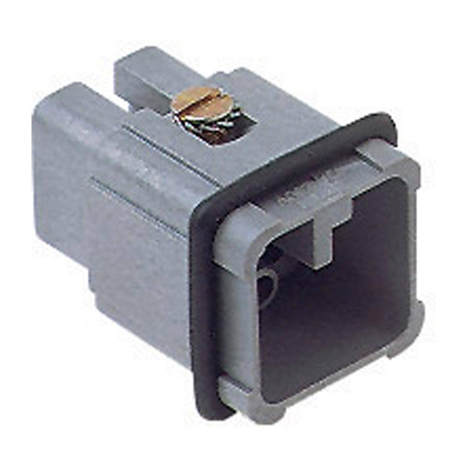 Ein grauer, quadratischer elektrischer Anschluss mit einer Schraube oben, der zum Befestigen von Drähten in elektronischen Geräten verwendet wird.