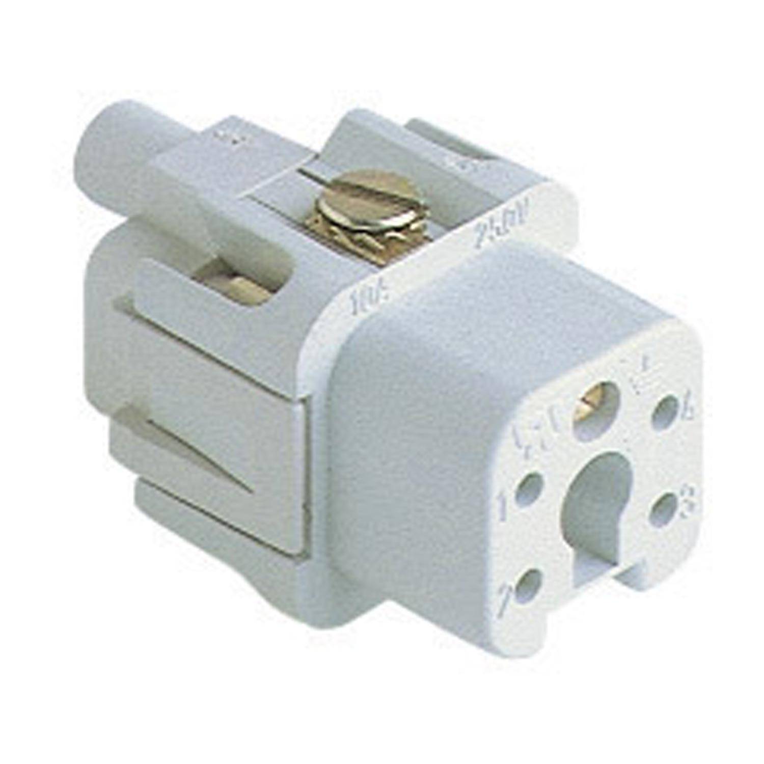 Ein weißer Lampenfassungshalter aus Keramik, geeignet für Halogen- und LED-Leuchtmittel, mit einer Messingschraube zum Befestigen und mehreren Kabeleintrittsöffnungen.