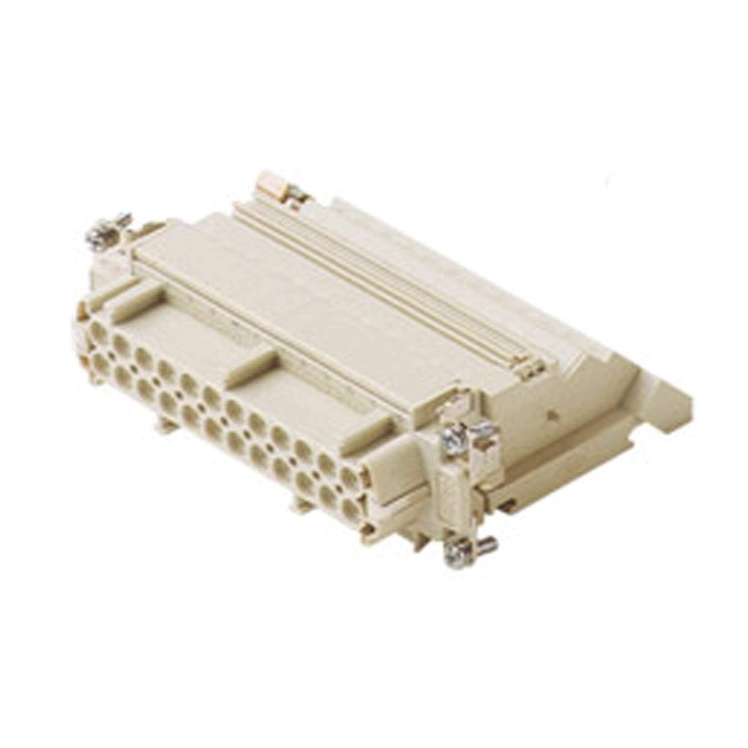 Ein beiger elektrischer Verbinder mit mehreren Anschlüssen und Metallbefestigungen, der zum Verbinden von Schaltkreisen oder Geräten verwendet wird.
