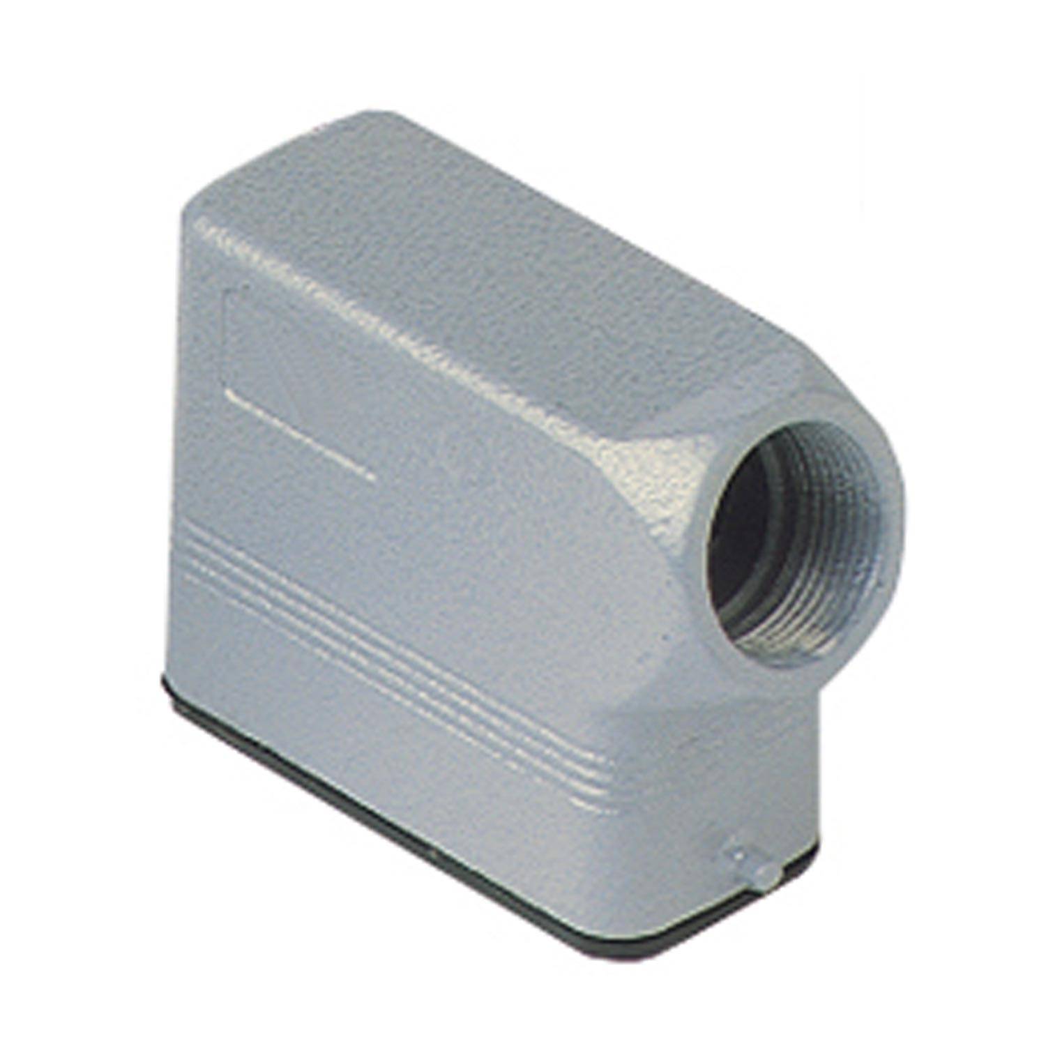 Ein grauer metallischer rechteckiger Apparat mit einer abgerundeten Öffnung, der zur Sicherung elektrischer Verbindungen dient, mit glatten Oberflächen und subtilen Rillen.