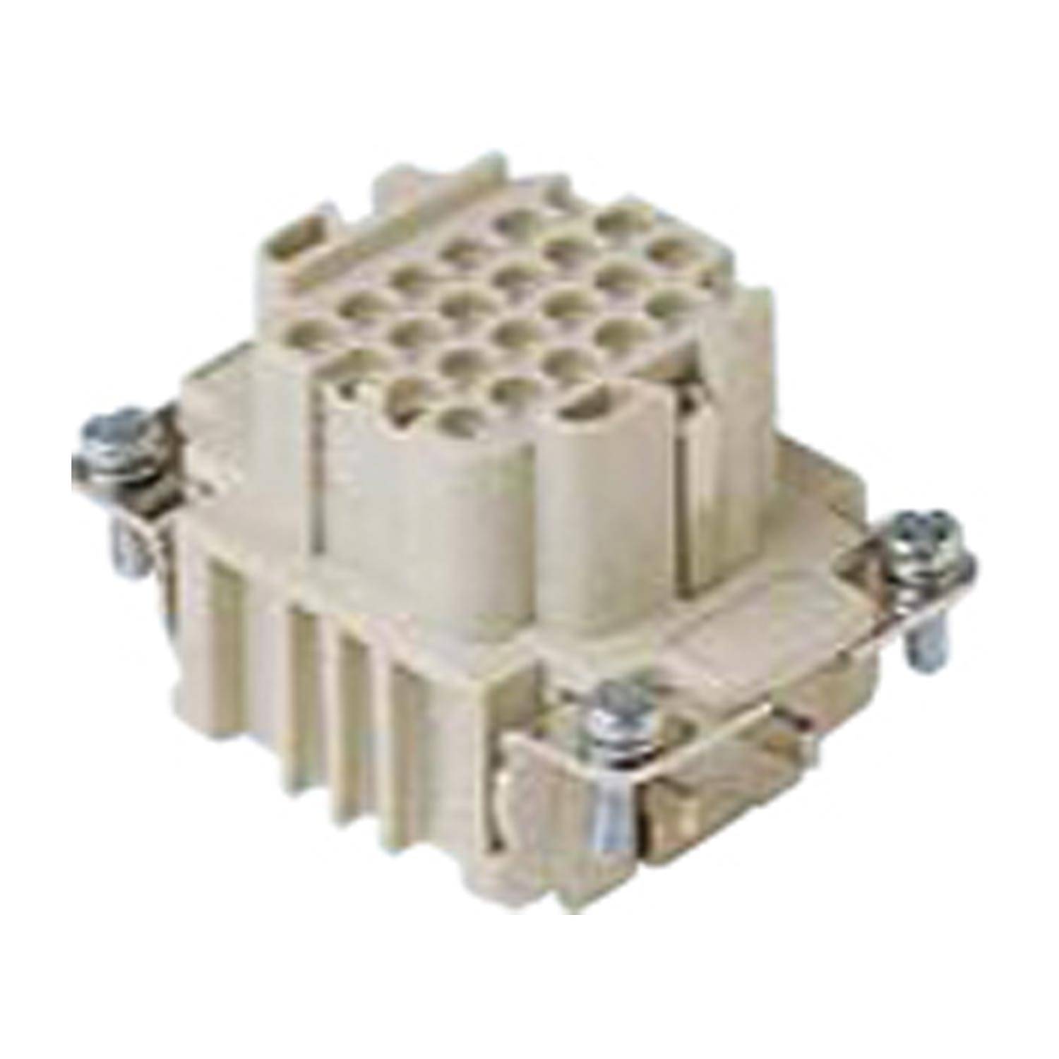 Ein beige farbener elektrischer Steckverbinder mit mehreren Pinslots, versehen mit Metallklammern an jeder Seite für eine sichere Befestigung.