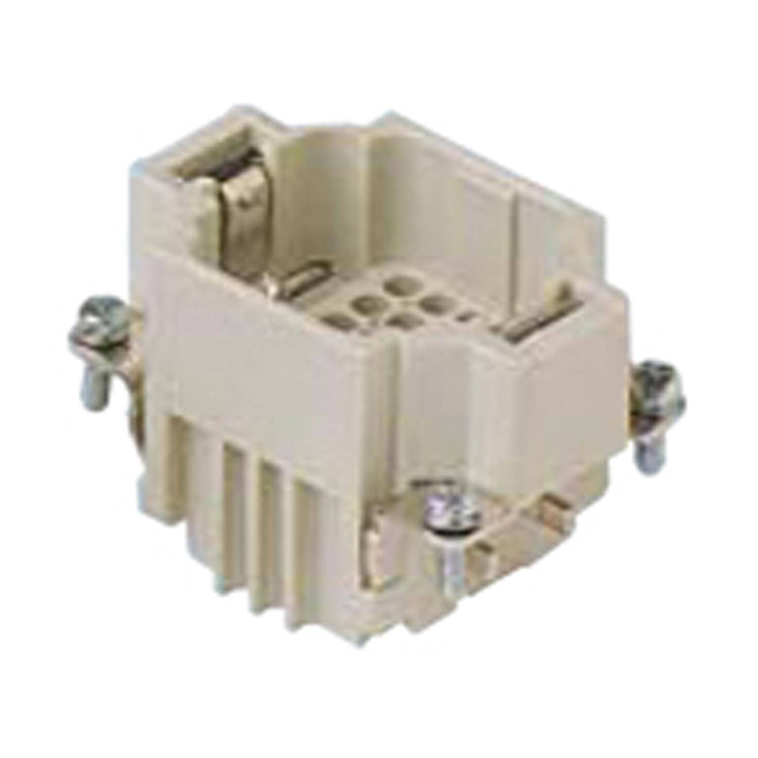 Ein beige farbener elektrischer Anschluss mit mehreren Anschlüssen und zwei Metallschrauben zum Befestigen von Drähten.