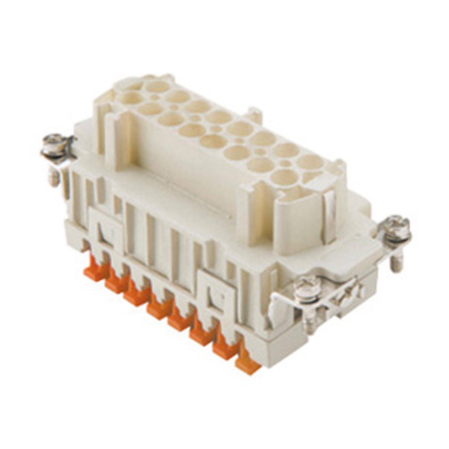 Ein weißer elektrischer Anschluss mit mehreren kreisförmigen Buchsen oben und orangefarbenen Stiften unten, der für industrielle Anwendungen konzipiert ist.