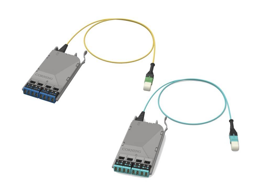 Zwei Glasfaserkabel-Anschlüsse, jeweils mit Kabeln in unterschiedlichen Farben, die mit ‚Corning' beschriftet sind und Kabelverbindungen veranschaulichen.