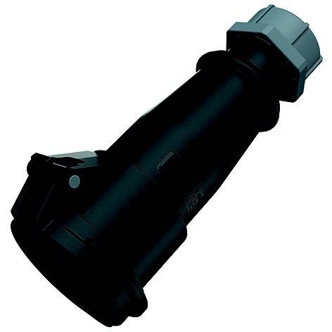 Schwarzer zylindrischer Industrie-Stecker oder -Adapter mit grauer sechskantiger Endkappe auf weißem Hintergrund.