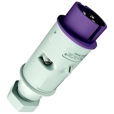 Ein weiß-violettes industrielles Elektrosteckersystem, das in einem Winkel auf einem einfachen Hintergrund gezeigt wird.