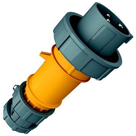 3D-Rendering eines blau und orange farbigen Elektrosteckers mit zylindrischen Enden, diagonal auf weißem Hintergrund dargestellt.
