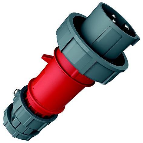 3D-Darstellung eines roten und blaugrünen Industrie-Steckverbinders oder Stecker-Adapters, diagonal auf weißem Hintergrund dargestellt.