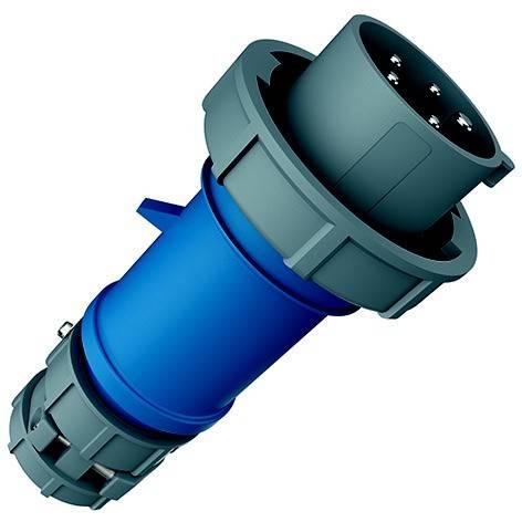 Blauer industrieller Elektrostecker mit Metallverriegelungsring und mehradrigem Anschluss, gezeigt auf weißem Hintergrund.