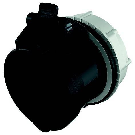 Schwarzer runder Elektrostecker mit weißem Befestigungsbund, auf weißem Hintergrund dargestellt.