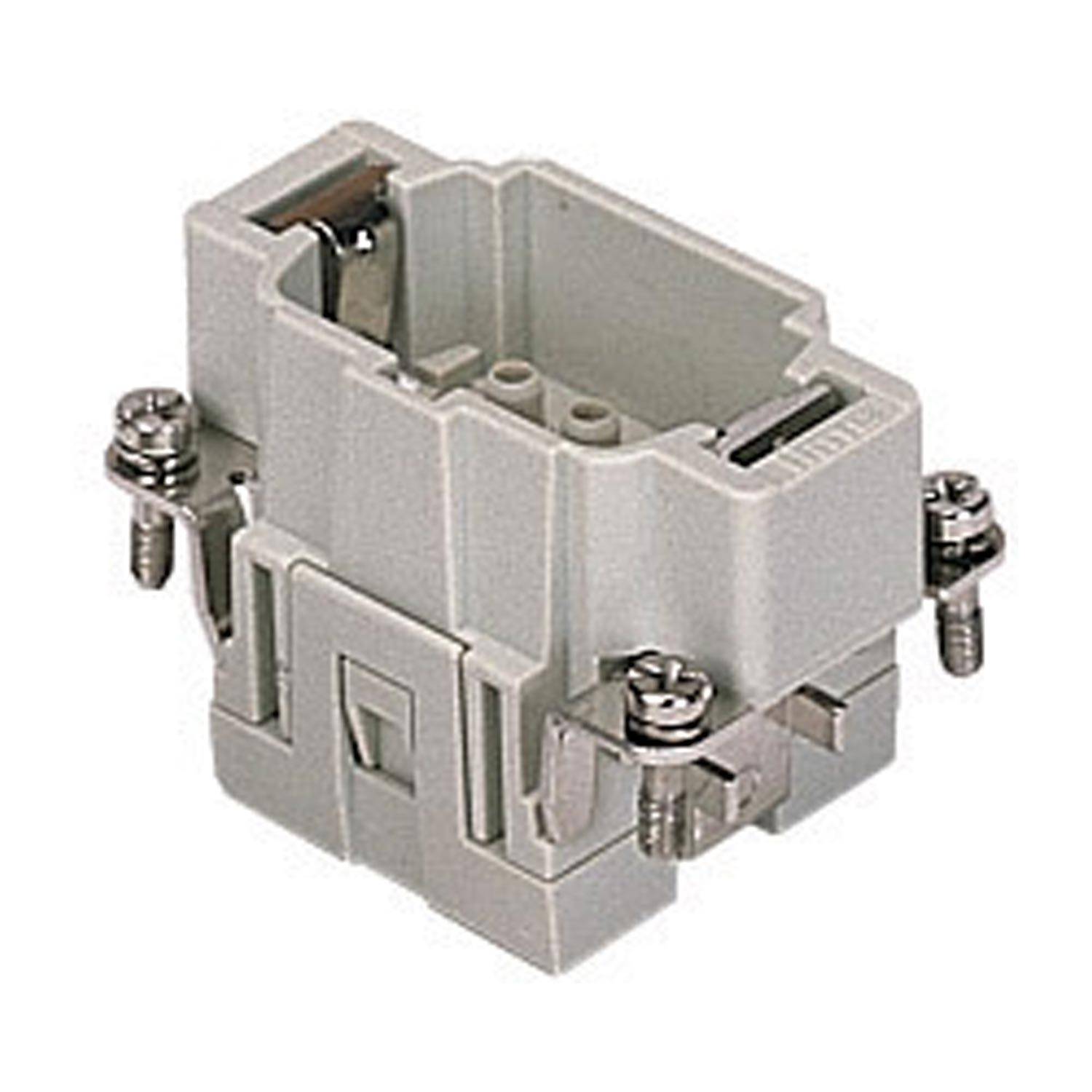 Ein grauer Elektro-Anschlussblock mit Metallschrauben zum Befestigen von Kabeln, der für sichere Kabelverbindungen in elektrischen Installationen verwendet wird.