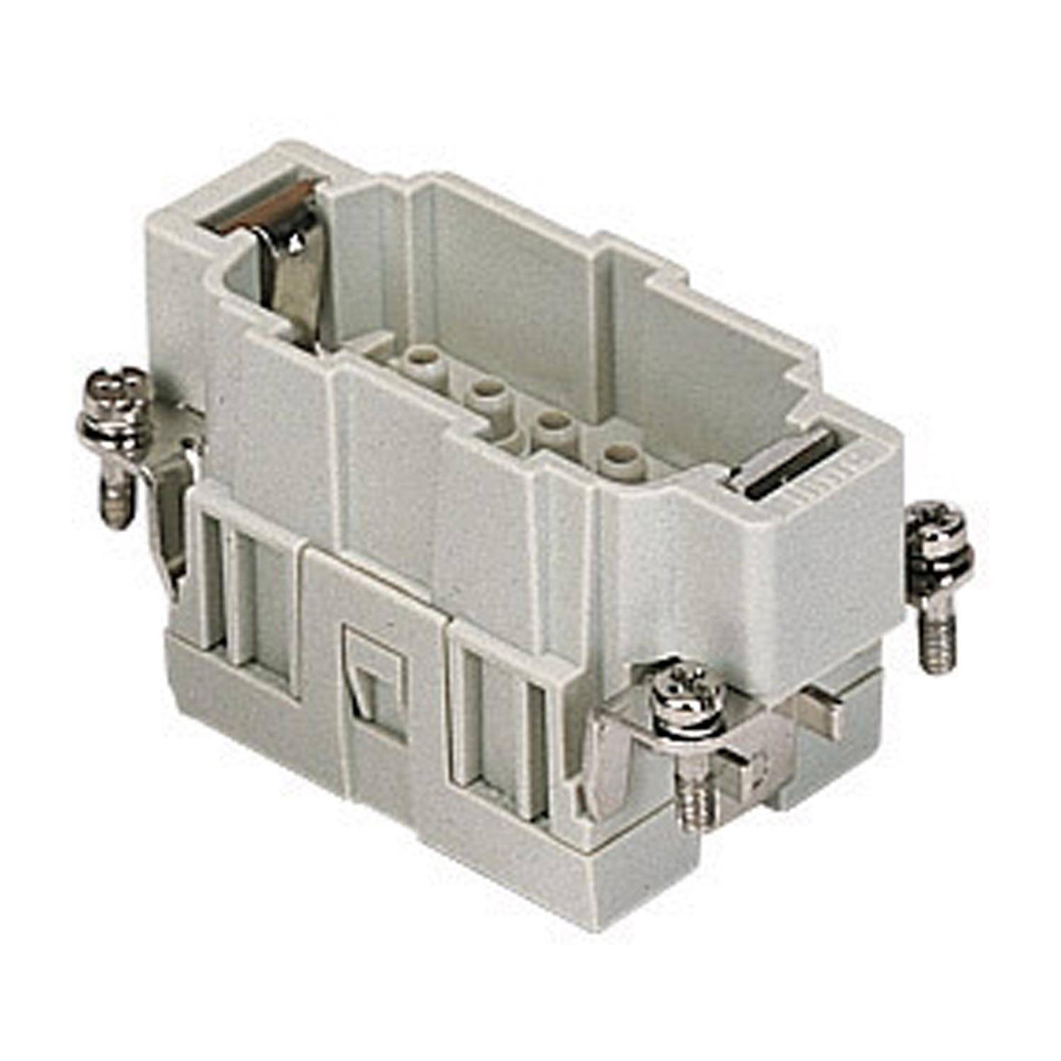 Ein grauer elektrischer Klemmenblock mit mehreren Anschlusspunkten und gesichert durch zwei Metallschrauben, verwendet zum Anschließen von Kabeln.