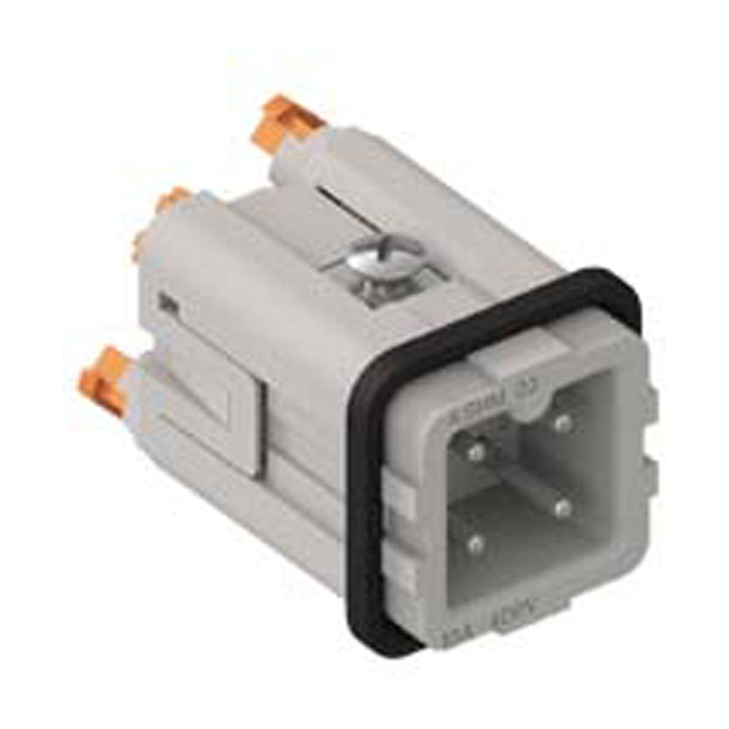 Ein grau-orangefarbener rechteckiger elektrischer Steckverbinder mit drei sichtbaren Kontakten, die in einem diagonal versetzten Winkel angeordnet sind und einen sicheren Arretierungsmechanismus aufweisen.