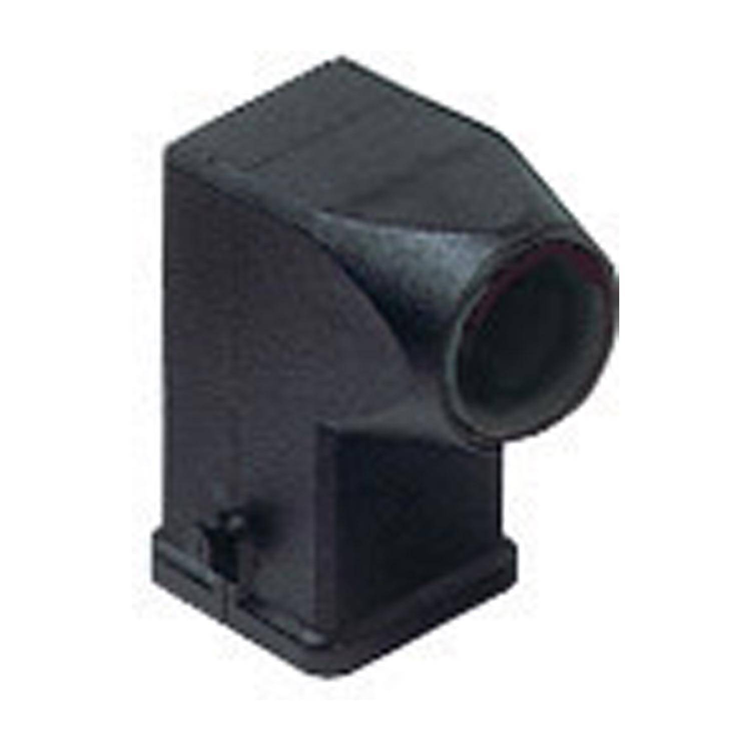 Ein schwarzer, rechteckiger Kunststoffverbinder mit Winkeldesign, der eine Öffnung an einer Seite und einen Clip an der Basis aufweist.