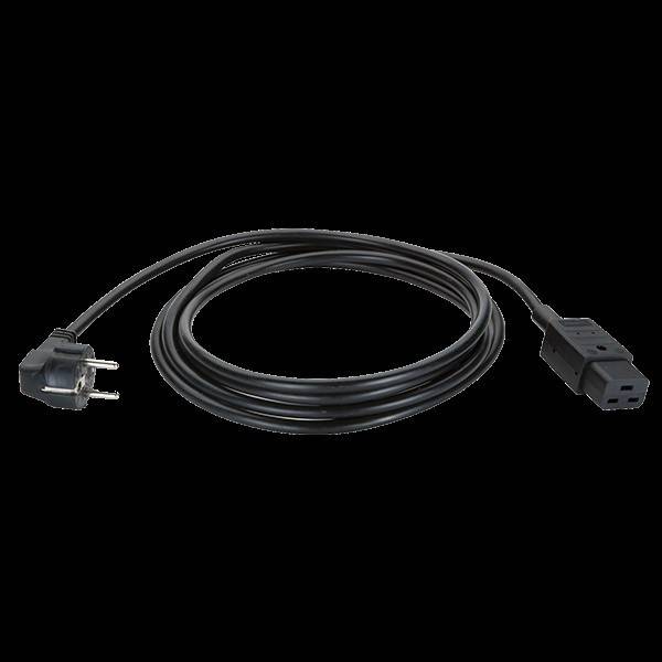 Ein schwarzes Netzkabel mit Stecker- und Socketenden, ordentlich aufgewickelt. Ein Ende verfügt über einen europäischen Stecker, das andere über einen IEC-C13-Anschluss.